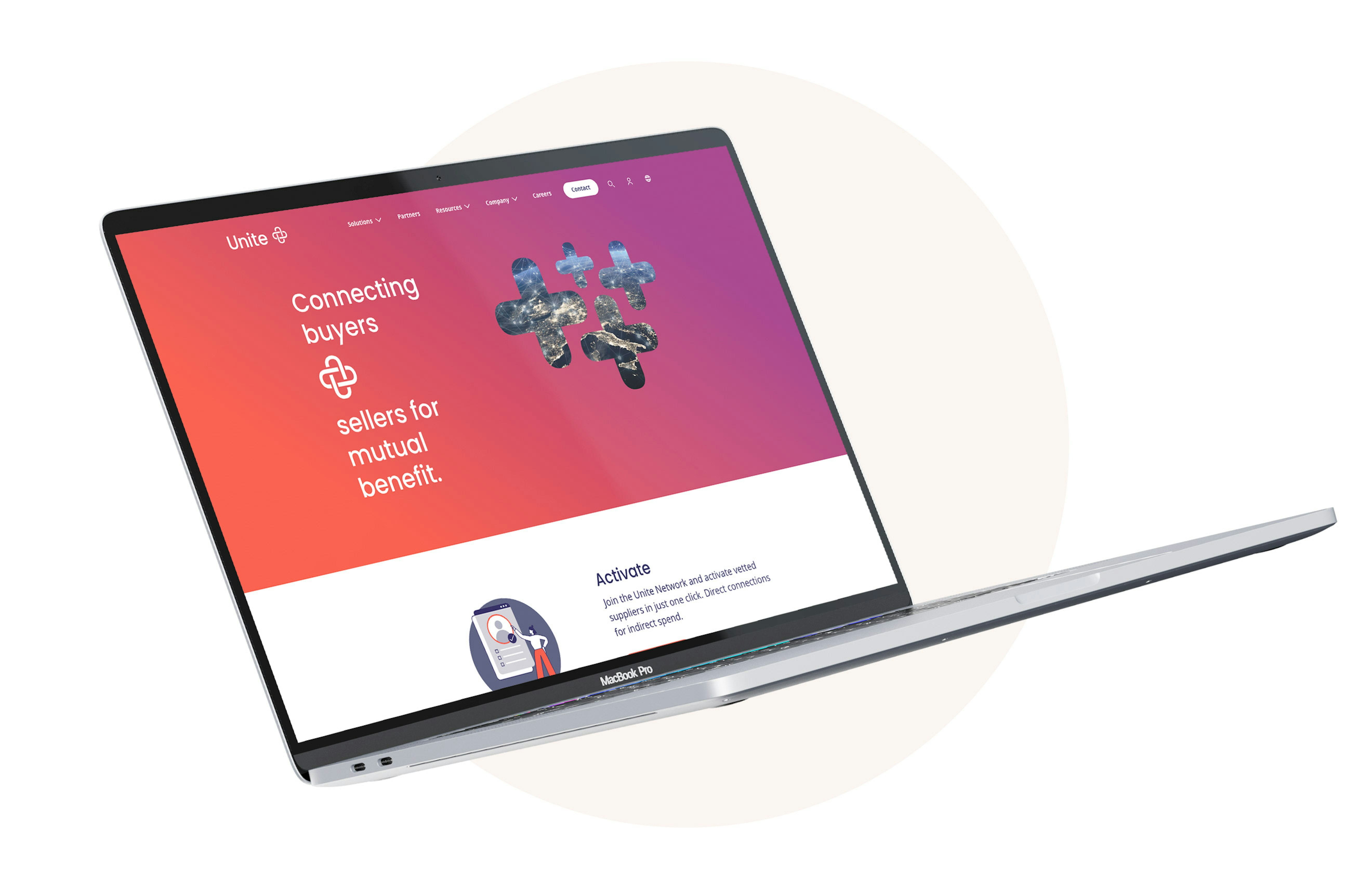 A MacBook Pro displaying the Unite website with a bold gradient background, highlighting the connection between buyers and sellers for mutual benefit.