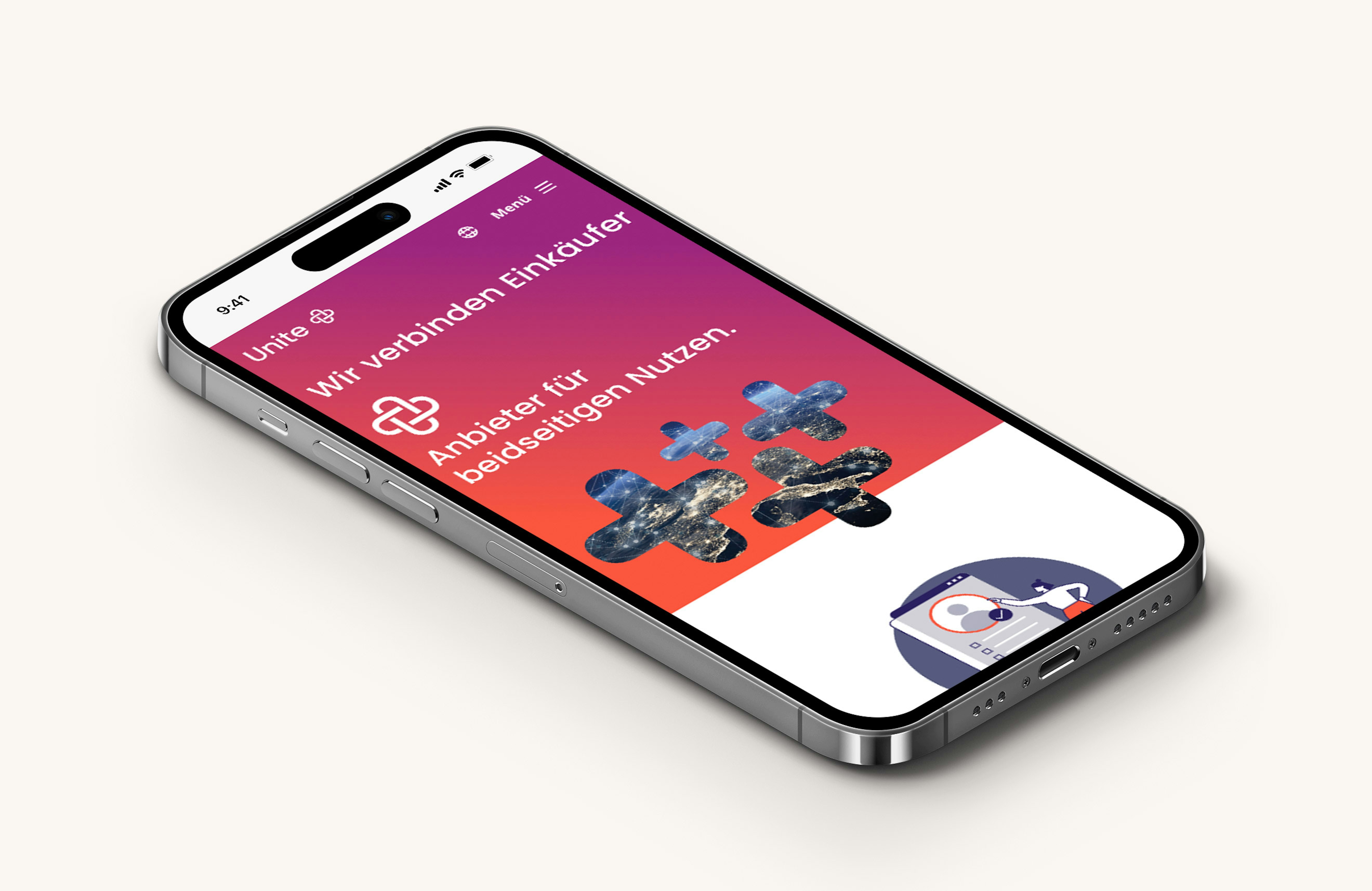 A smartphone displaying the Unite website with a bold gradient background, abstract plus-shaped graphics, and an illustration of digital interaction.