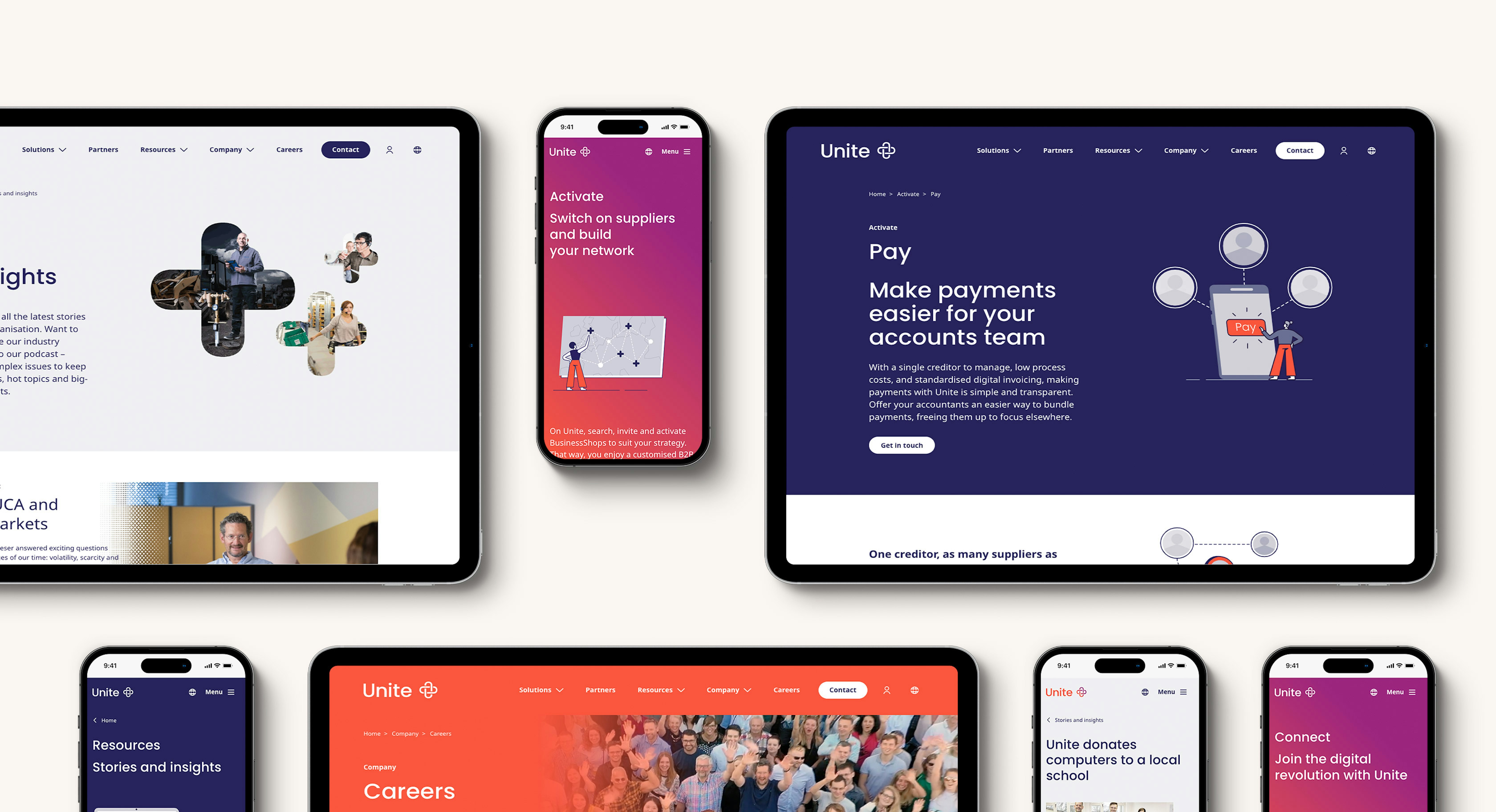 A collection of smartphones and tablets displaying different pages of the Unite website, showcasing features like supplier activation, payment solutions, resources, and careers.