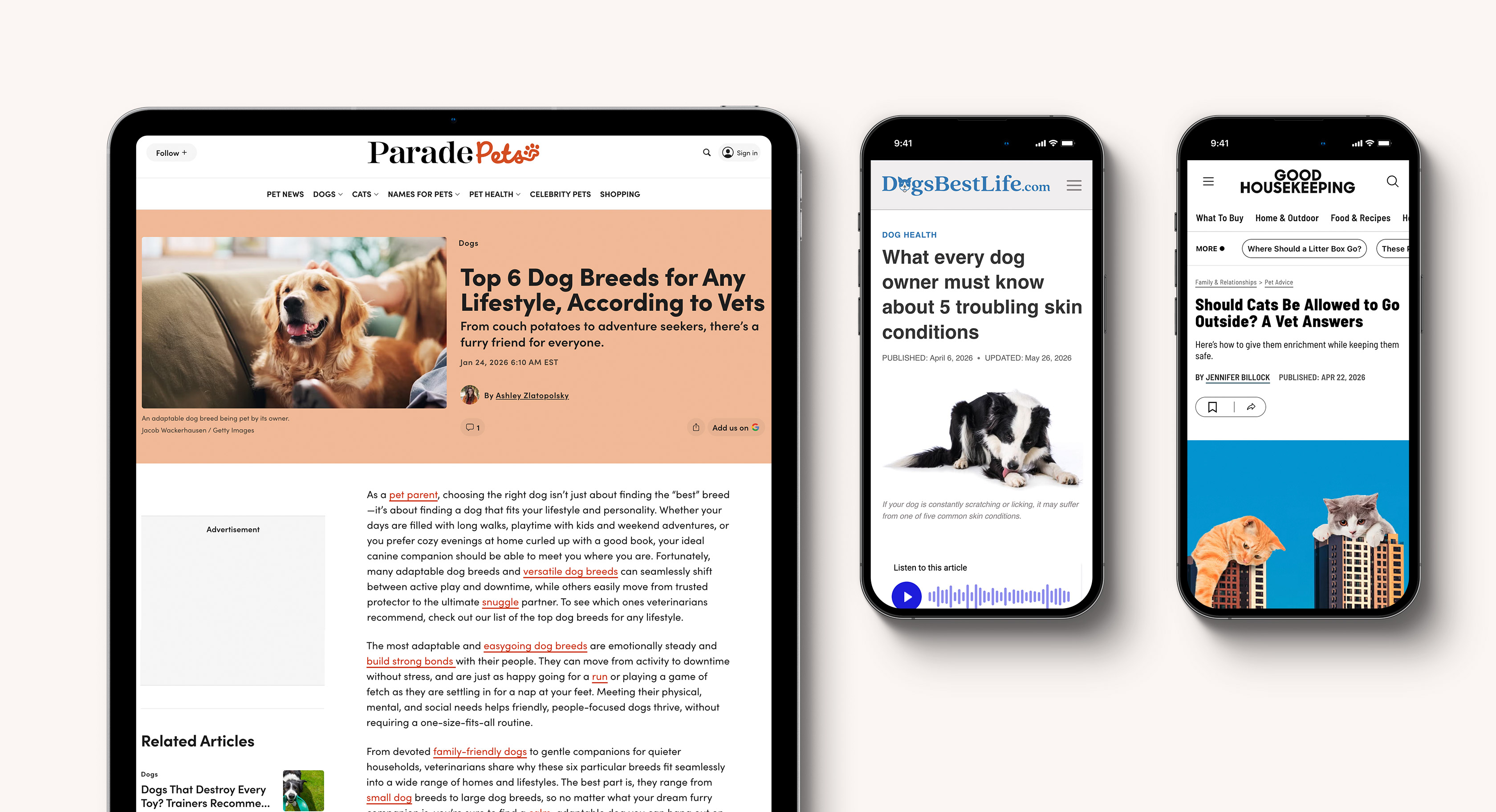 A tablet and two smartphones display pet-care articles from Parade Pets, DogsBestLife.com and Good Housekeeping, covering dog breeds, canine skin conditions and whether cats should be allowed outdoors.