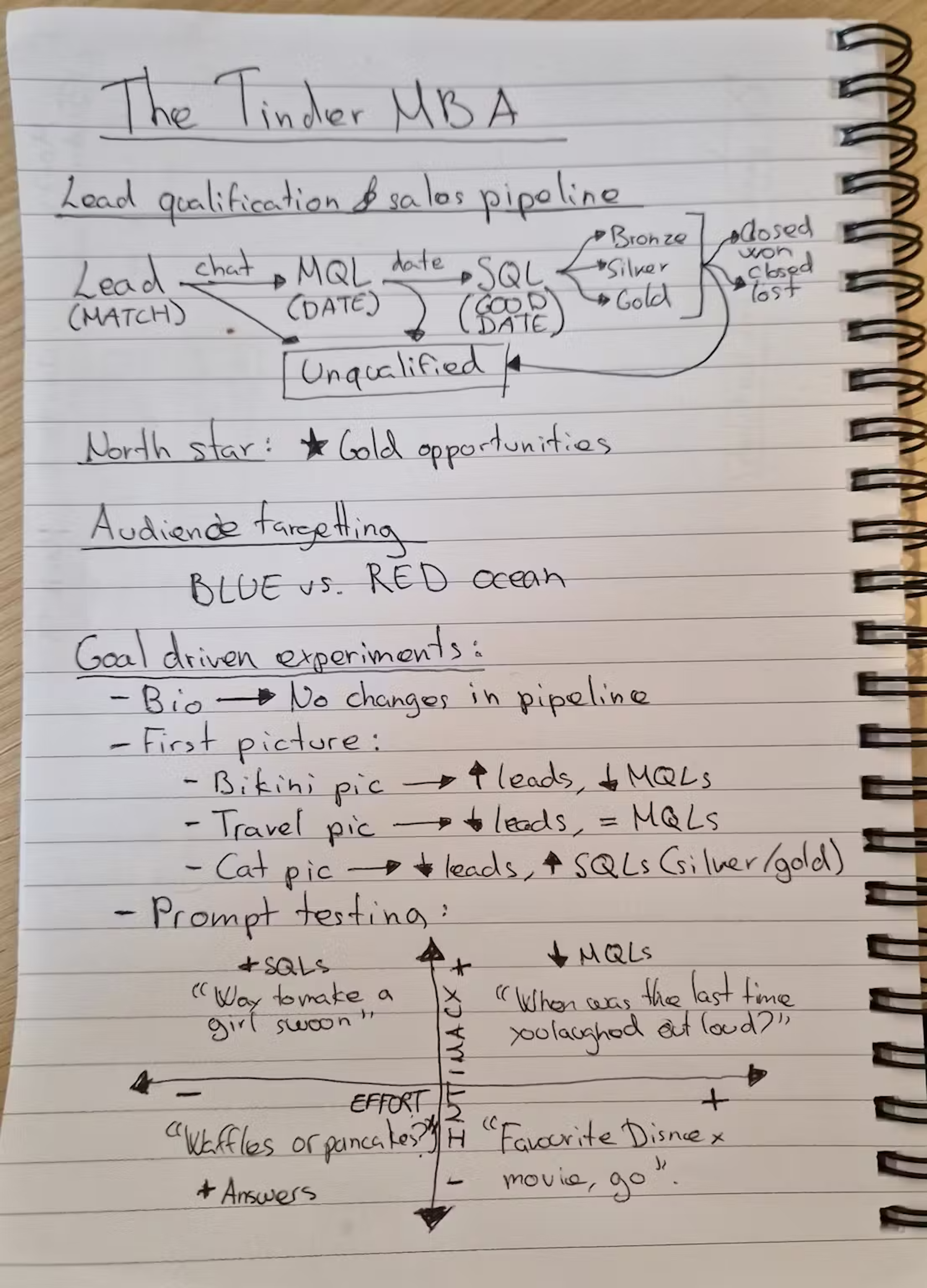 Lidia's handwritten version of the Tinder MBA