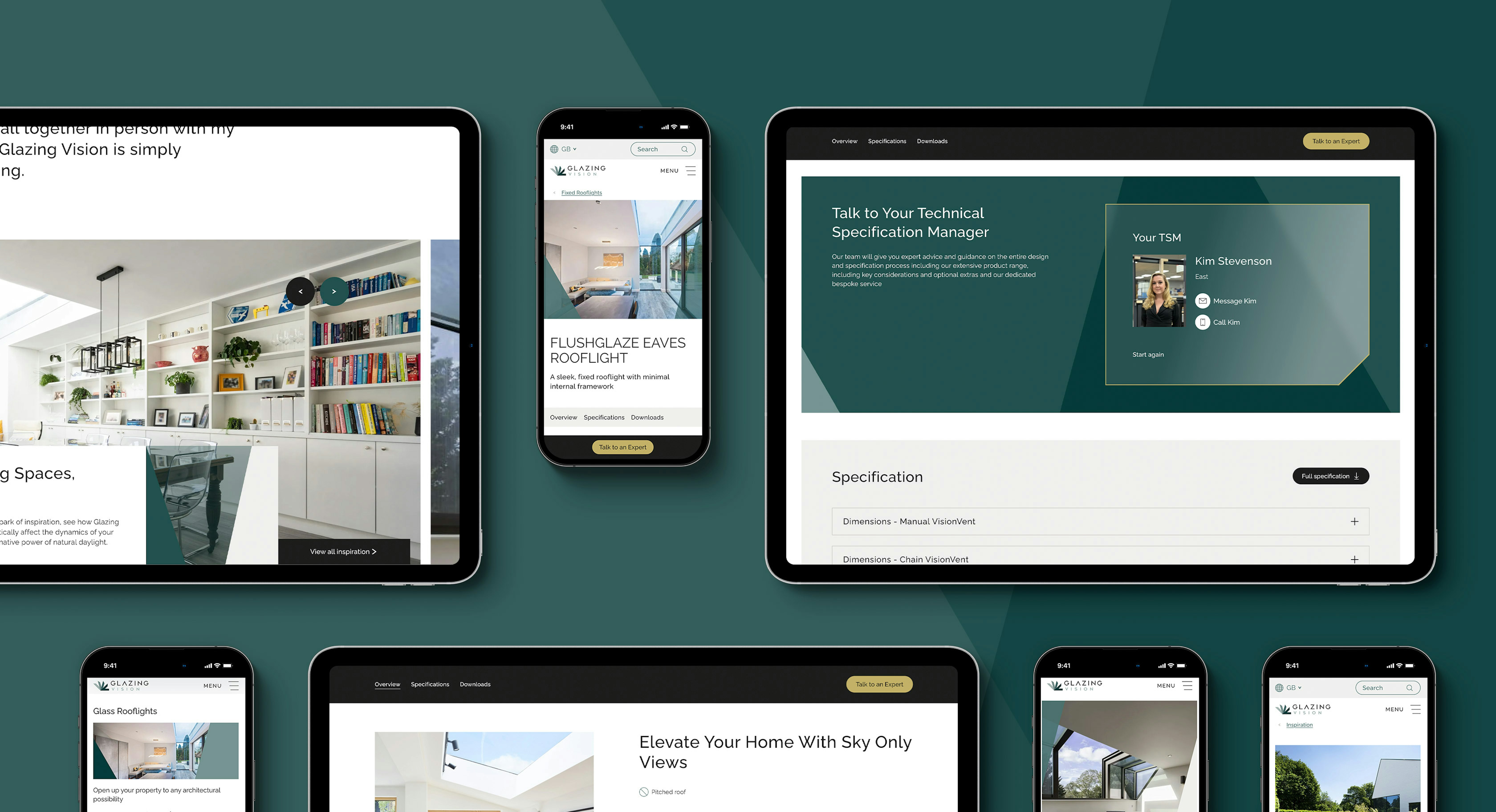 Numerous ipad and mobile mockups displaying the new Glazing Vision website