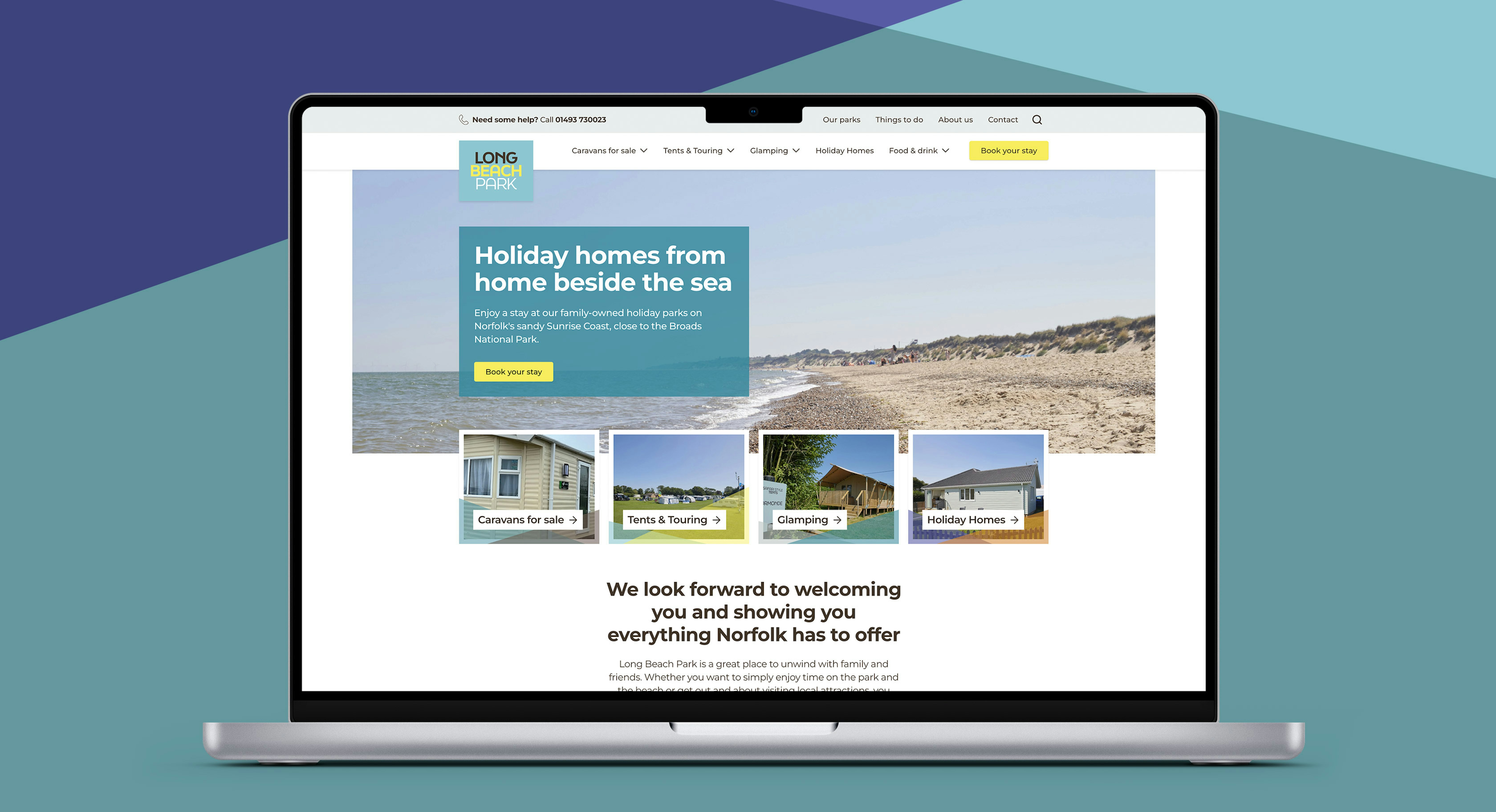 Long Beach Park website home page set in a Macbook Pro laptop on a blue background