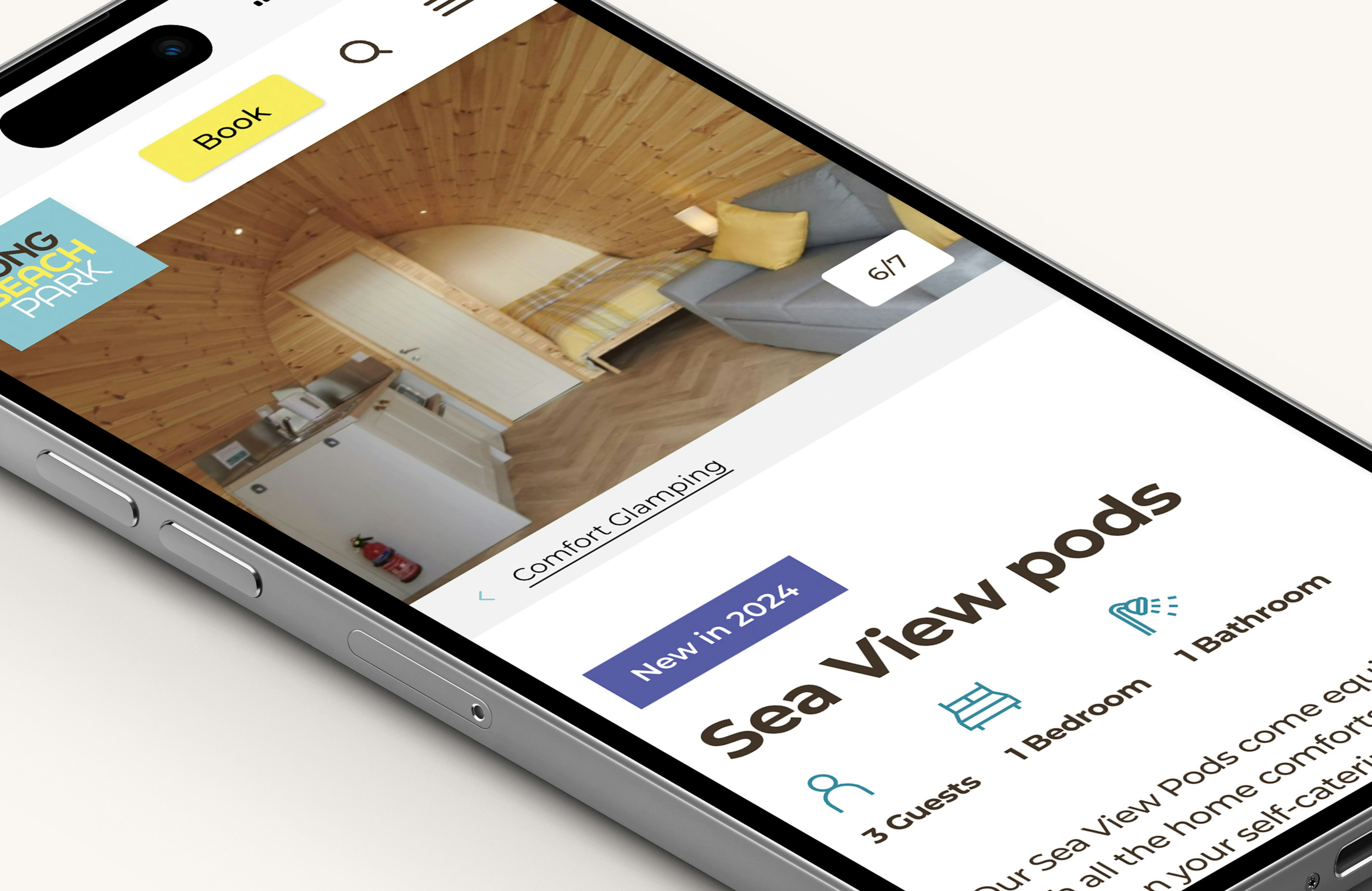 A mobile phone device displaying a 'Sea View pods' page from the Long Beach Park website