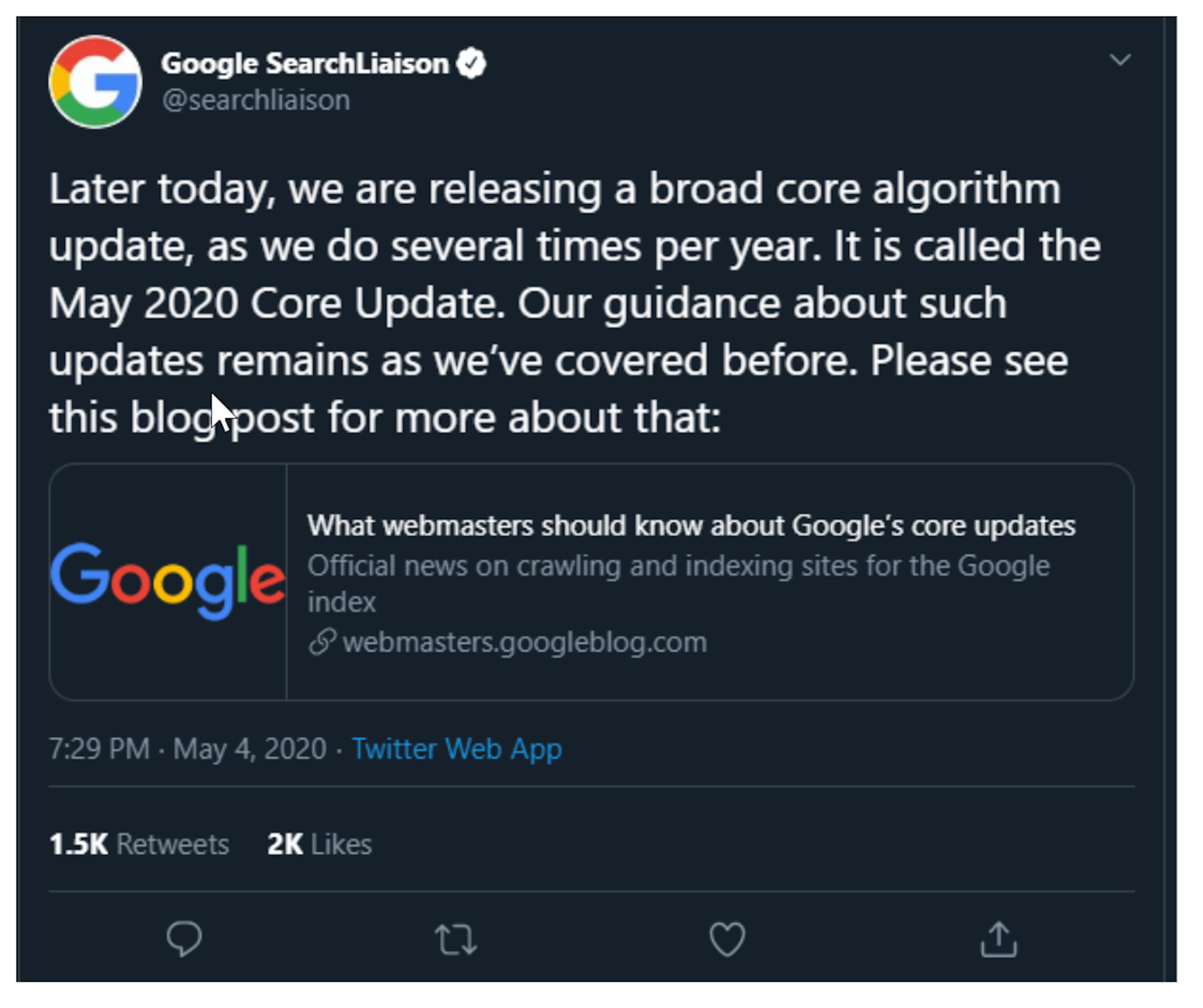 Google Core Update Tweet