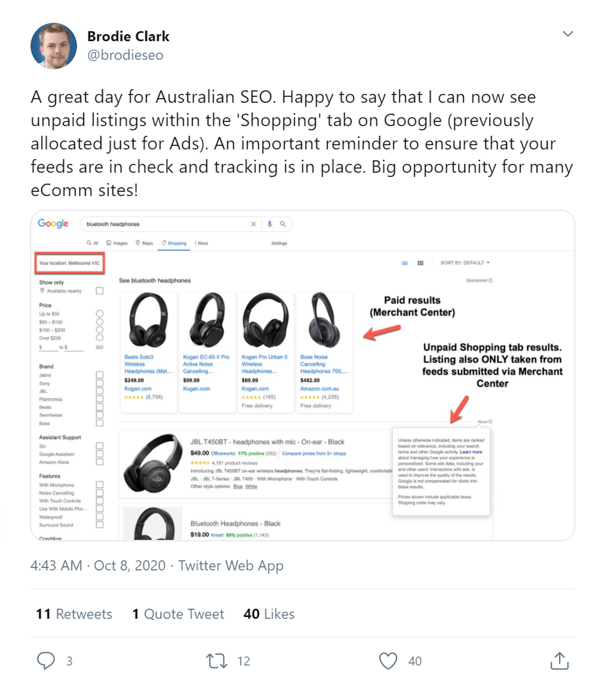 Brodie Clark tweet on AU shopping ads