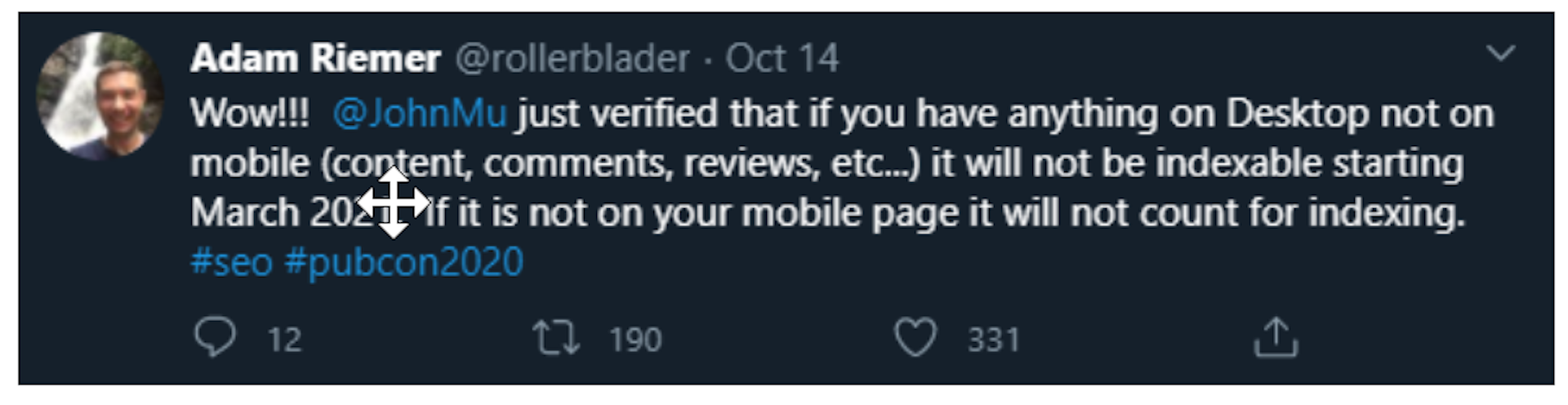 Adam Riemer tweet, 2020, about mobile indexing