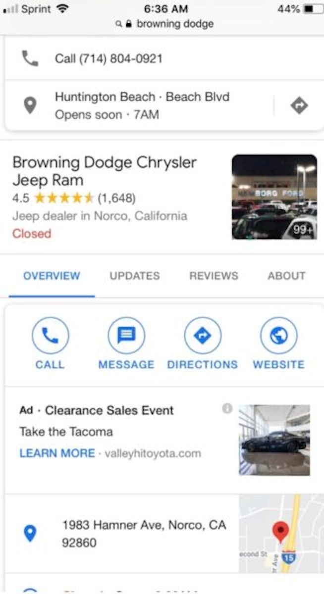 Google My Business showing competitor ads
