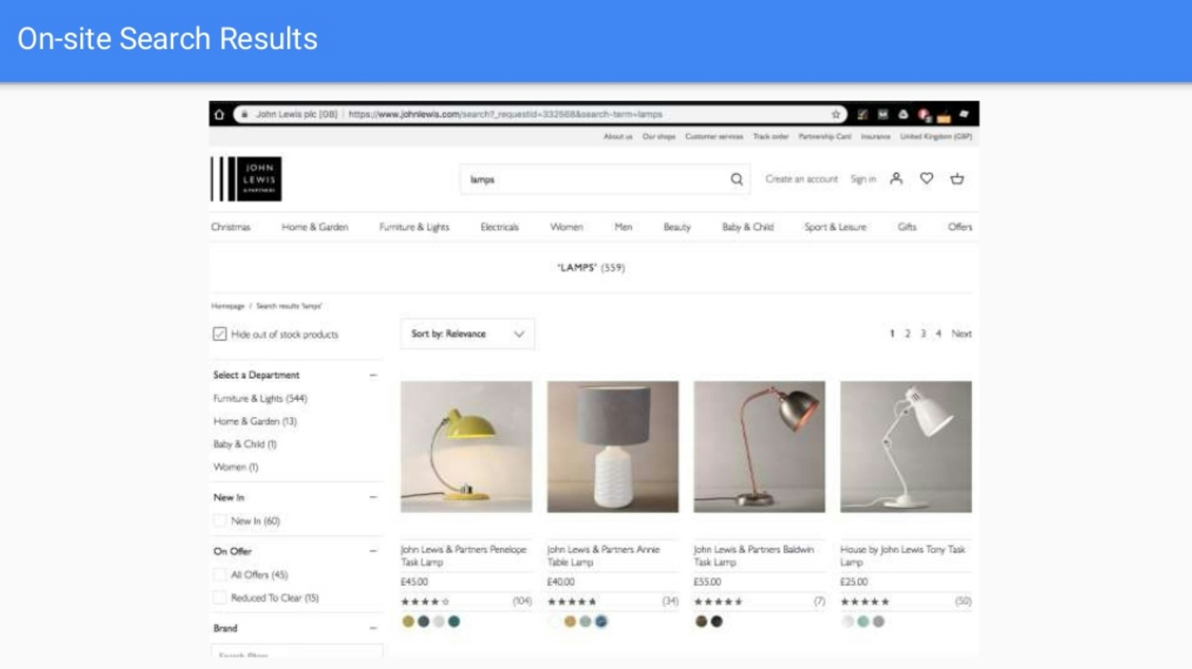 John Lewis on-site search results