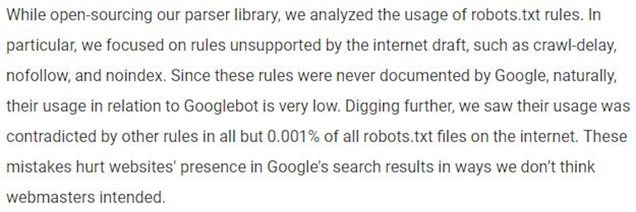 Robots.txt undocumented features are no longer supported by Google