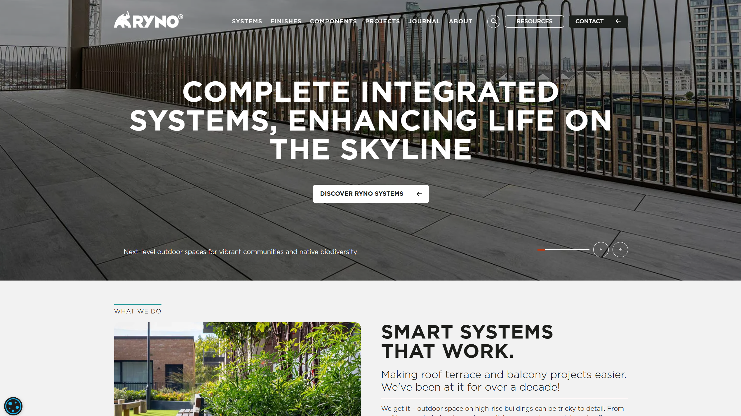 Screenshot of the rynosystems.com homepage. The top half features a large hero image of a modern high-rise balcony with grey wood-effect paving and thin metal railings overlooking a city skyline. Overlaid bold white text reads: ‘COMPLETE INTEGRATED SYSTEMS, ENHANCING LIFE ON THE SKYLINE,’ above a button labeled ‘DISCOVER RYNO SYSTEMS.’ The lower section, titled ‘WHAT WE DO,’ shows a rooftop garden with lush greenery and the headline ‘SMART SYSTEMS THAT WORK.’