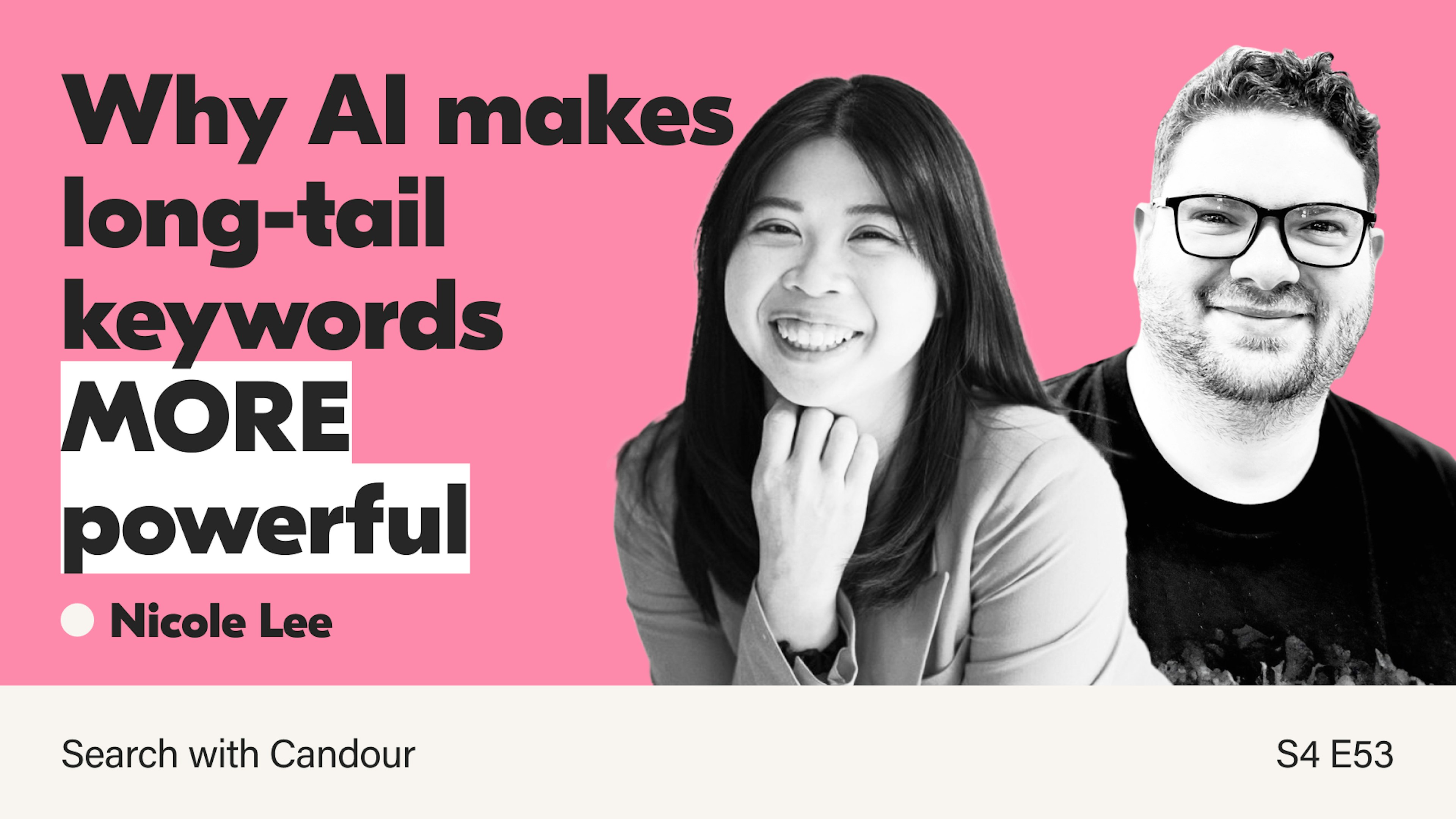 This image is a promotional graphic or YouTube thumbnail with a bright pink background. It features black and white portraits of a smiling woman in the center and a smiling man wearing glasses on the right. Large, bold text on the left side reads,