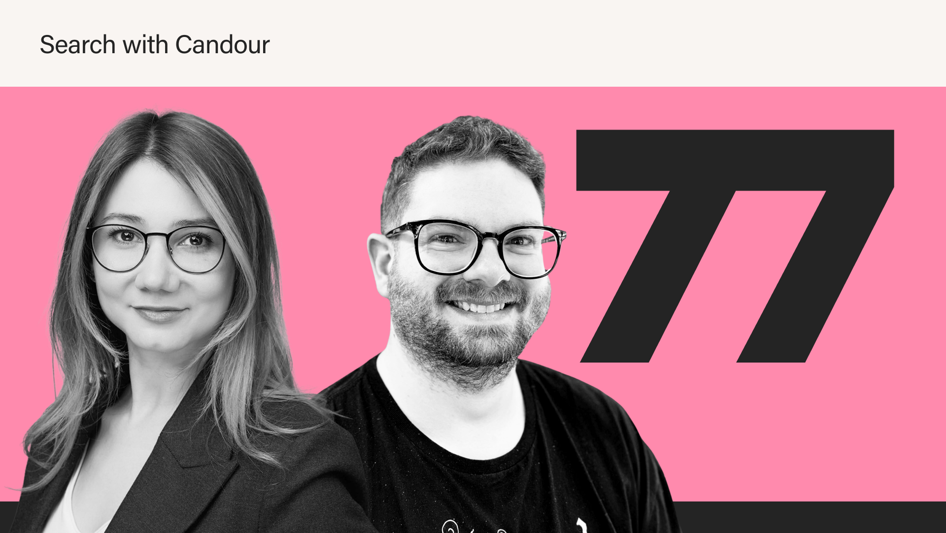 Promotional banner with a bright pink background featuring black-and-white portraits of a woman and a man, both wearing glasses and smiling. To the right of them is a large, stylized dark grey number 