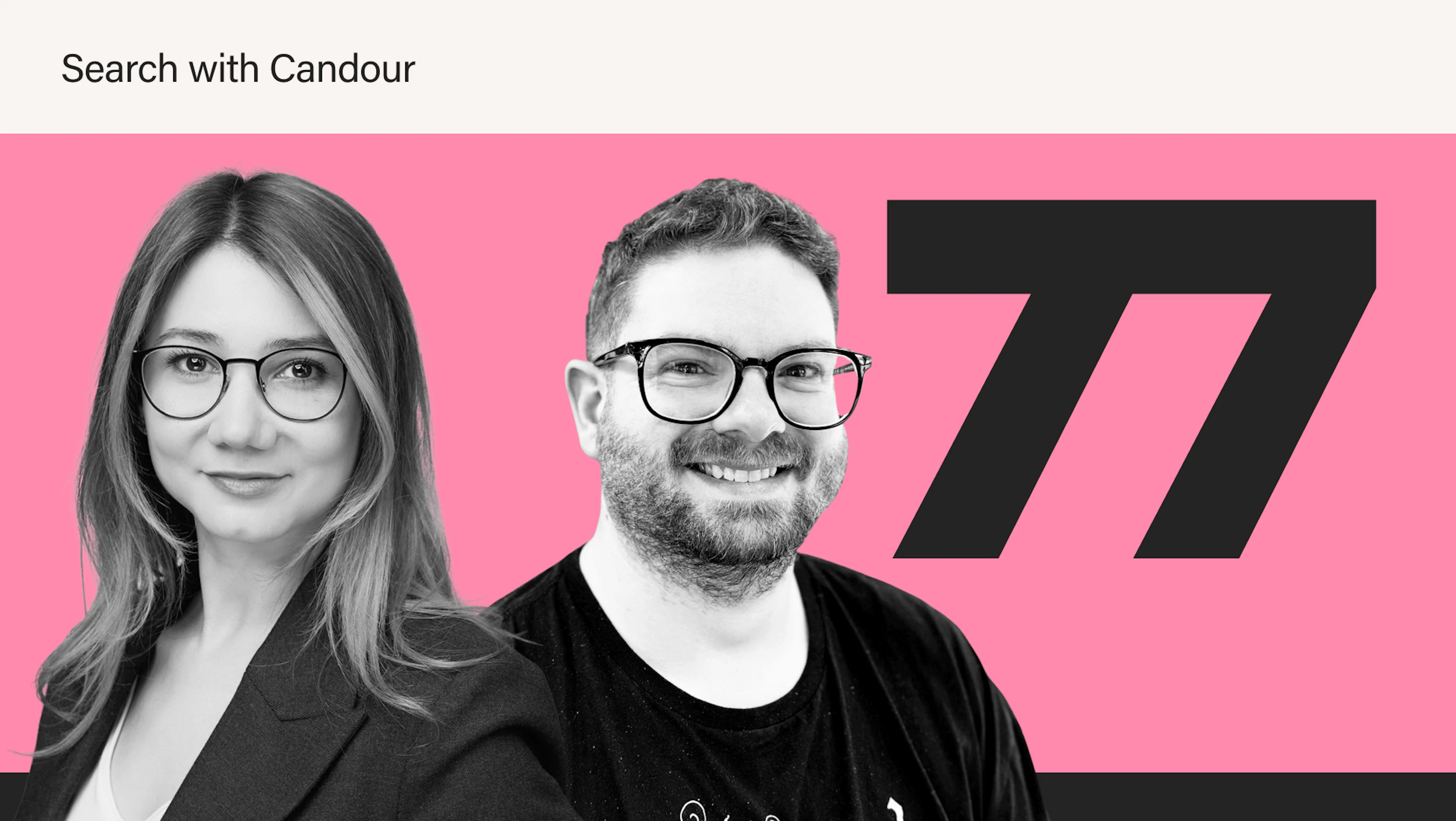 Promotional banner with a bright pink background featuring black-and-white portraits of a woman and a man, both wearing glasses and smiling. To the right of them is a large, stylized dark grey number