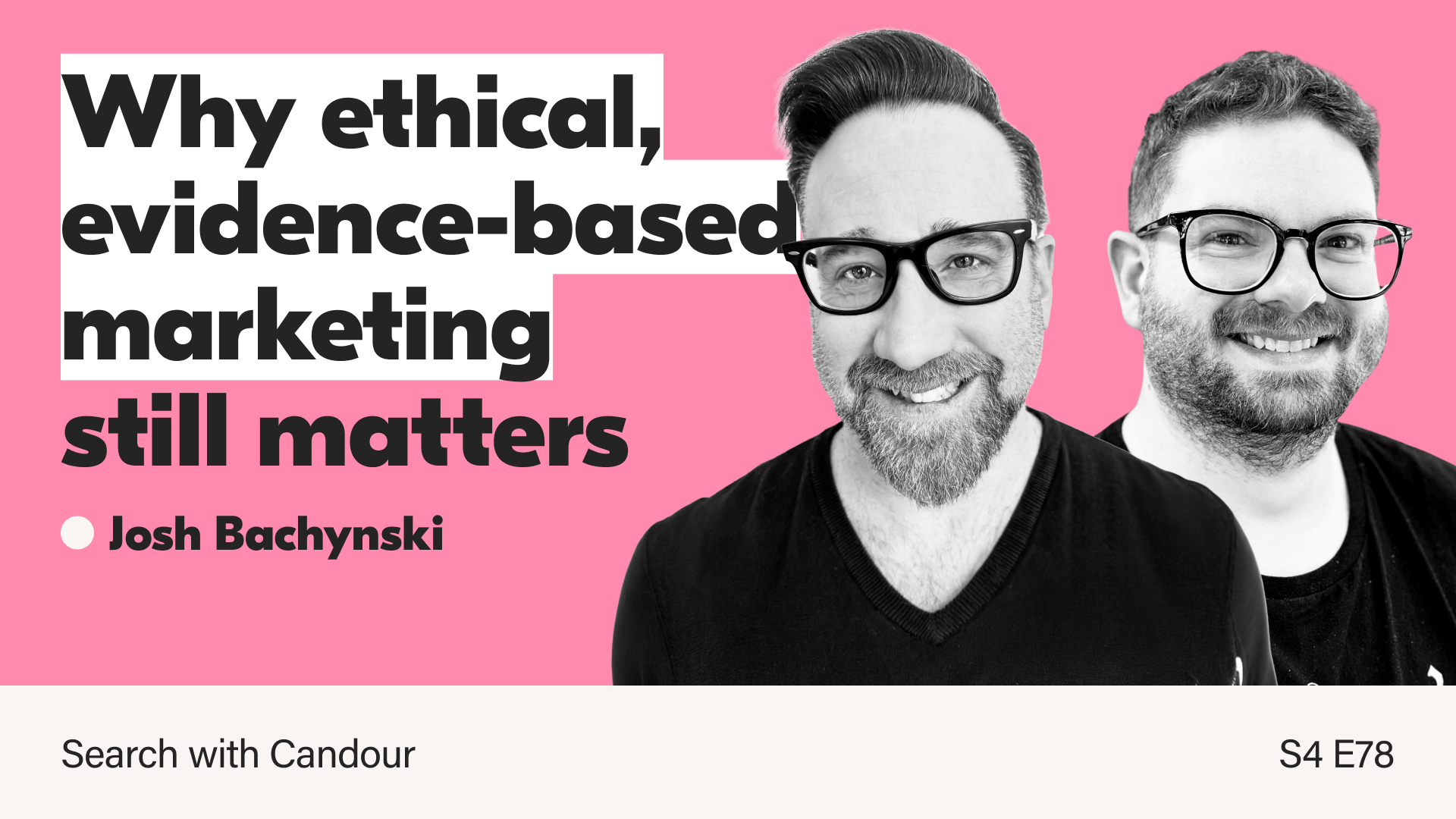 Podcast thumbnail with a bright pink background. On the left, bold black text reads 