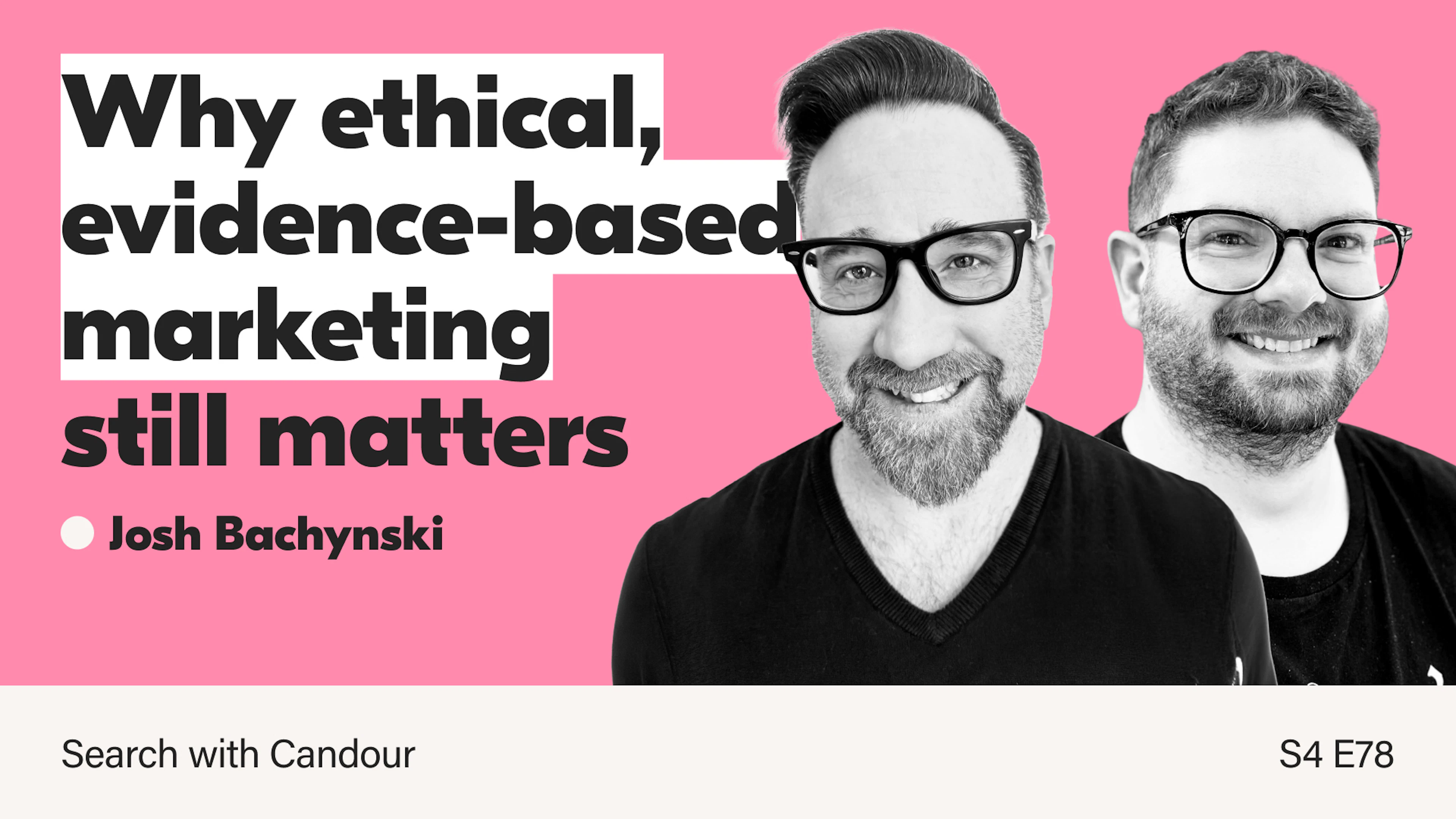 Podcast thumbnail with a bright pink background. On the left, bold black text reads