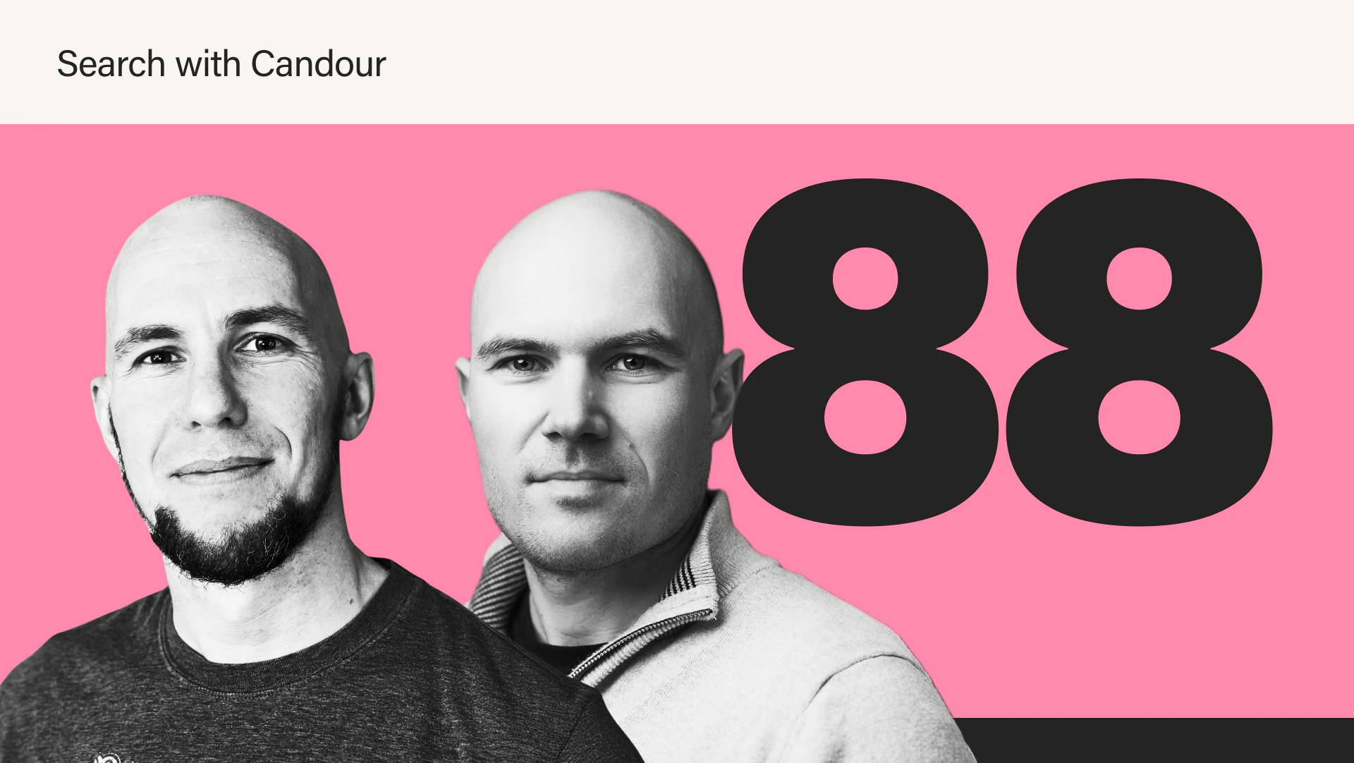 Black-and-white portraits of Mark Williams-Cook and Seb Atkinson next to a large black number