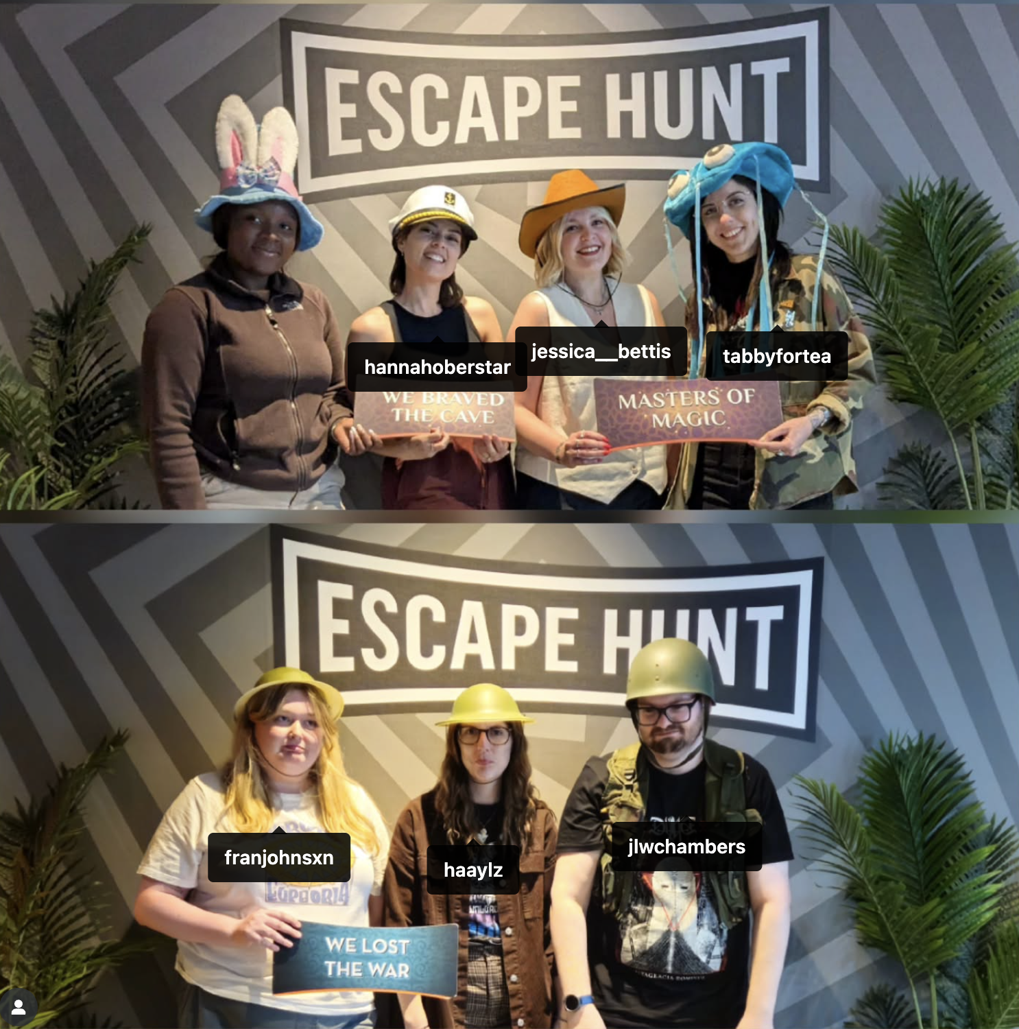 Two groups in costume pose in front of 