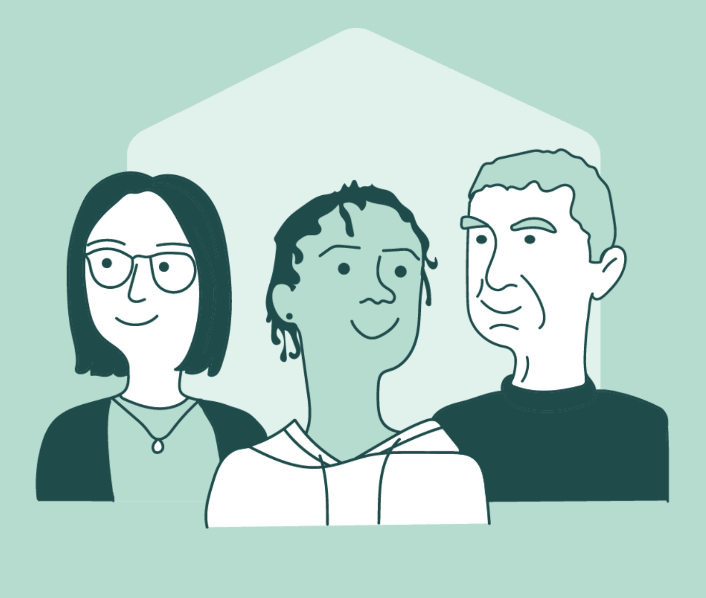 A simple line style illustration of a woman with dark and glasses, a woman with short braided hair and an older man, all smiling