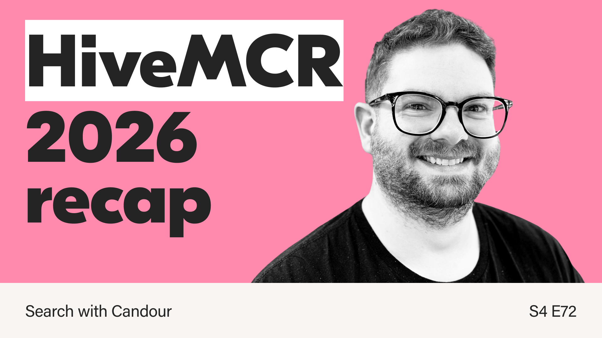 Podcast thumbnail image. The text reads 'HiveMCR 2026 recap' on a light pink background. To the right of the text is a black and white photo of a man wearing glasses with a short beard and curly hair. He is looking to the camera and smiling.