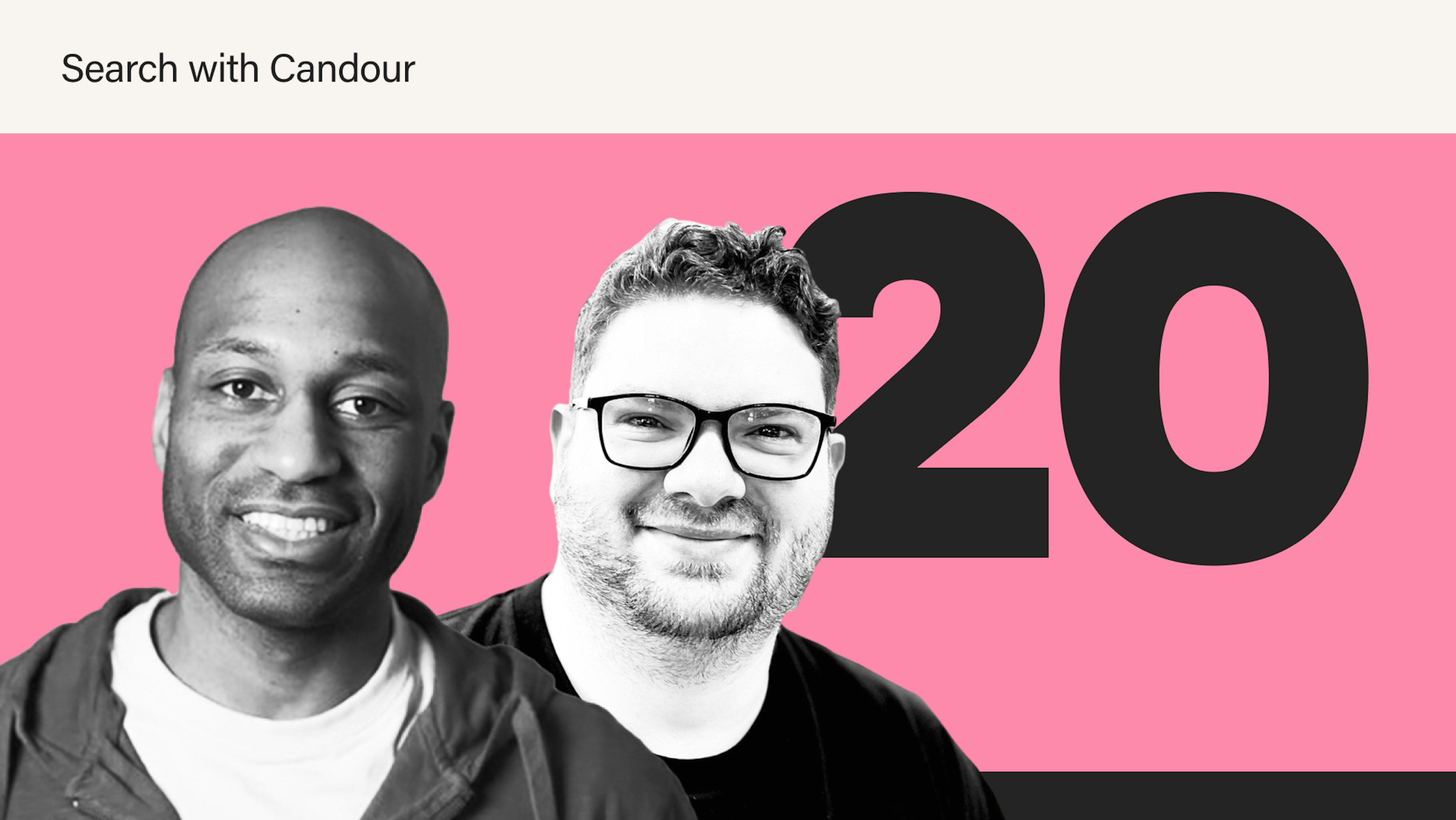 Podcast cover image for season 4 episode 20 of the Search with Candour podcast. There are black & white portraits of the guest, Kobi Omenaka, and the host, Jack Chambers-Ward, on a pink background.