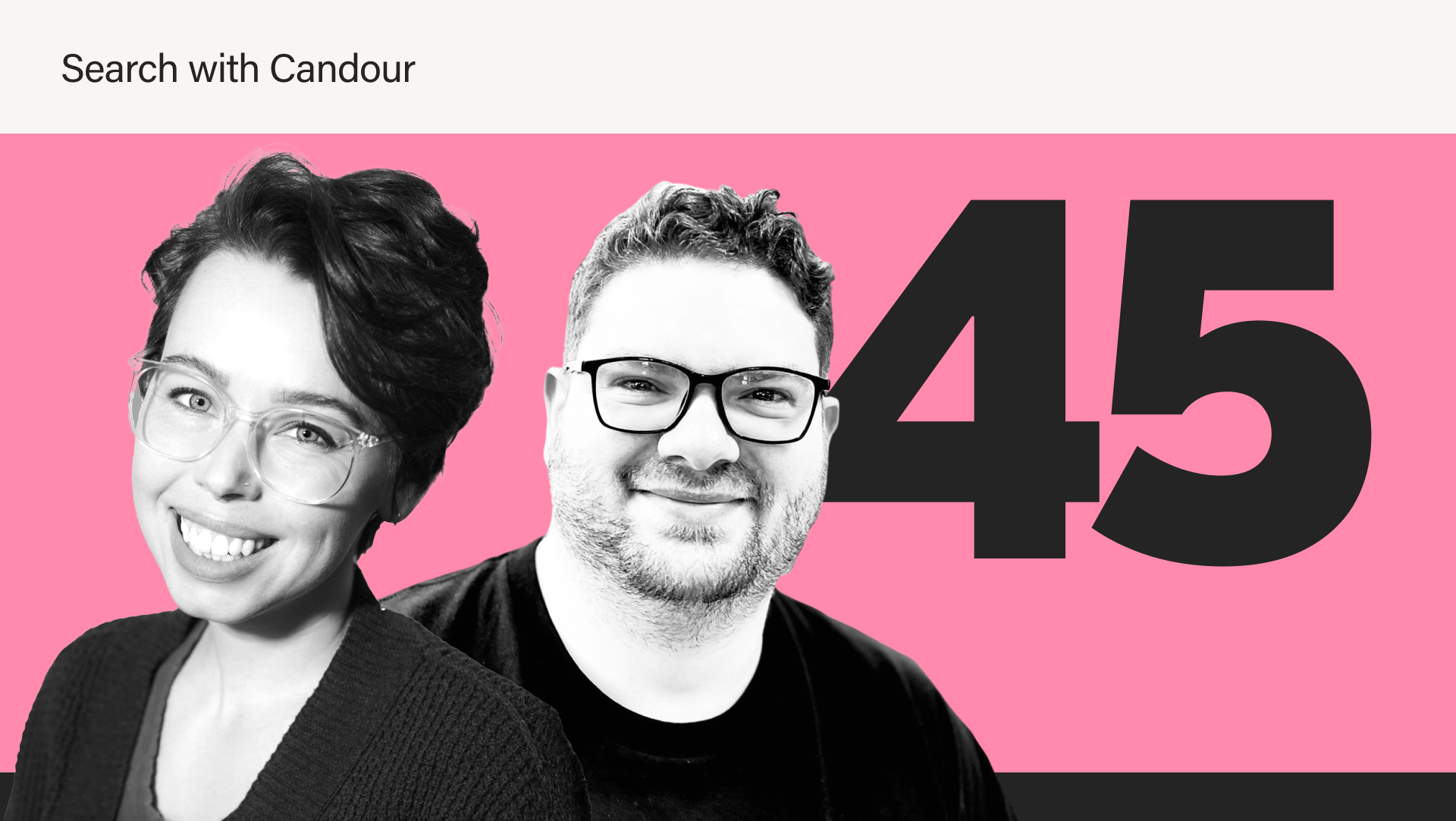 Black and white photo of a smiling woman with short hair and glasses next to a smiling man with a beard and glasses, overlaid on a bright pink background with a large black 