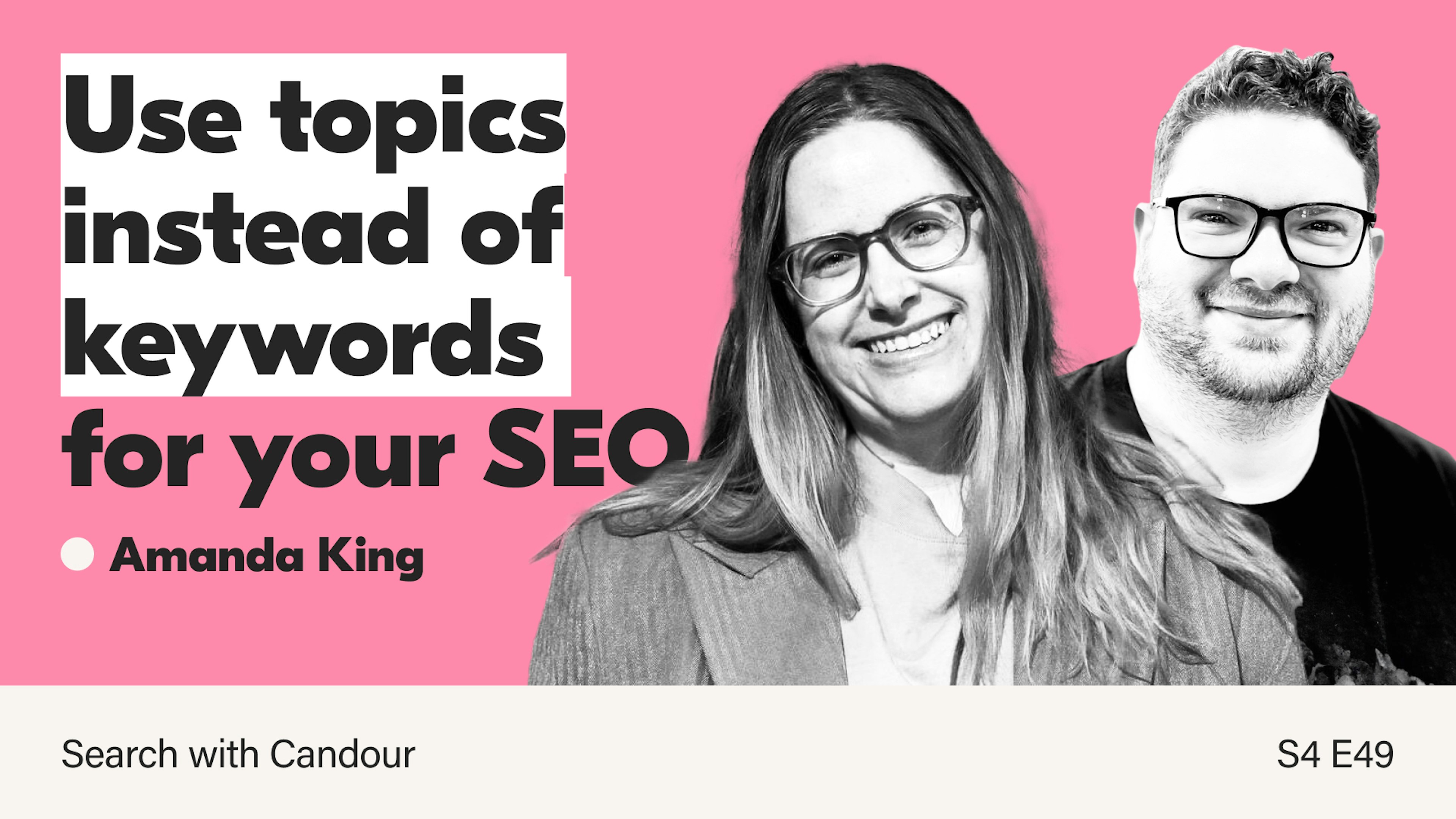 A bright pink YouTube thumbnail featuring black-and-white portraits of a smiling woman and man, both wearing glasses. Large, bold text on the left reads