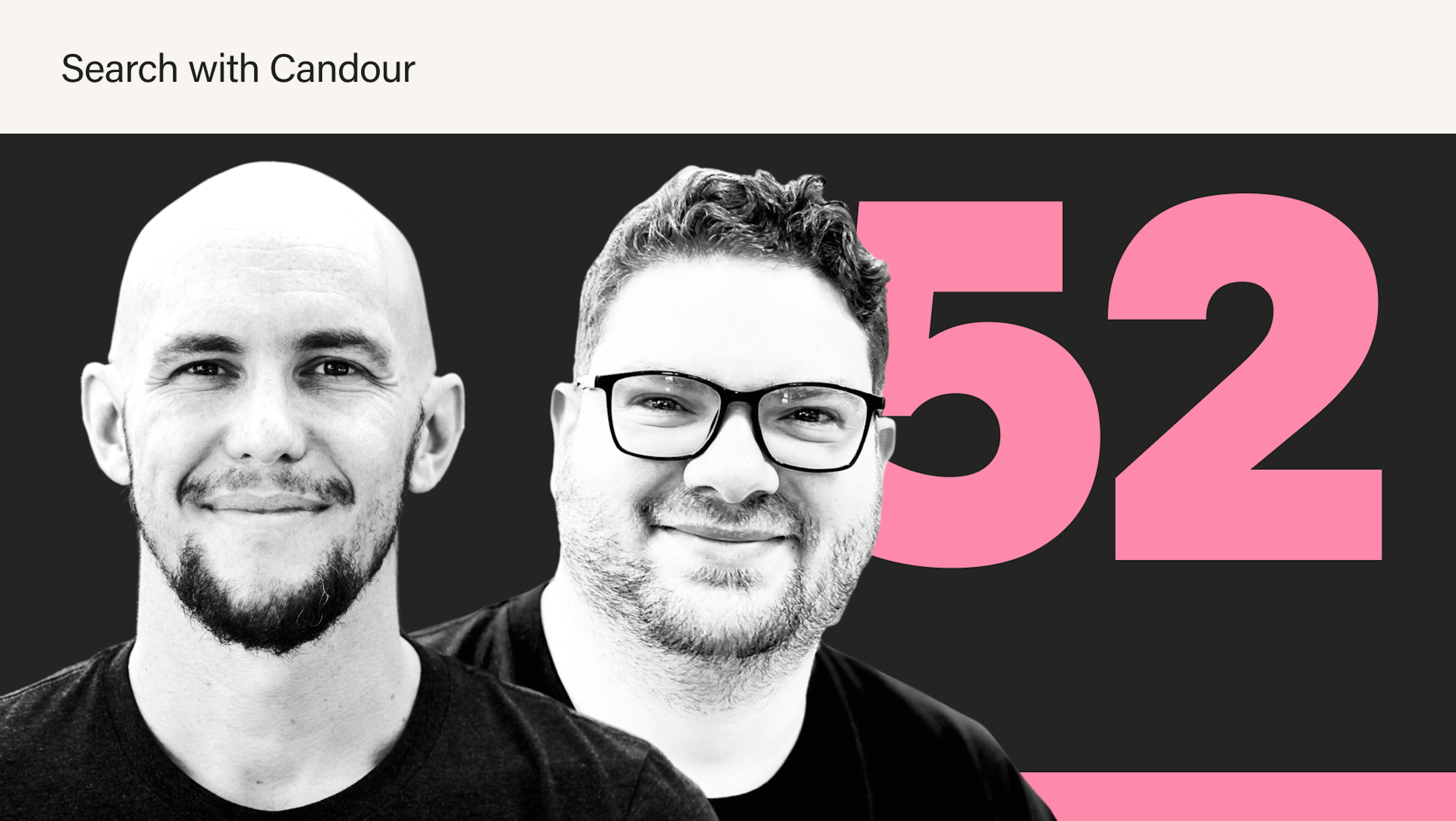A podcast graphic with a dark gray horizontal banner in the middle and a large, bold pink number