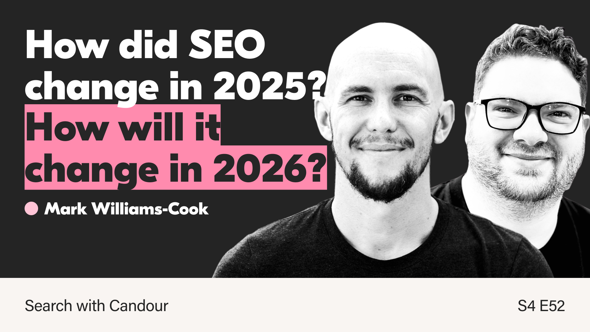 A dark gray background featuring white and pink text on the left: 