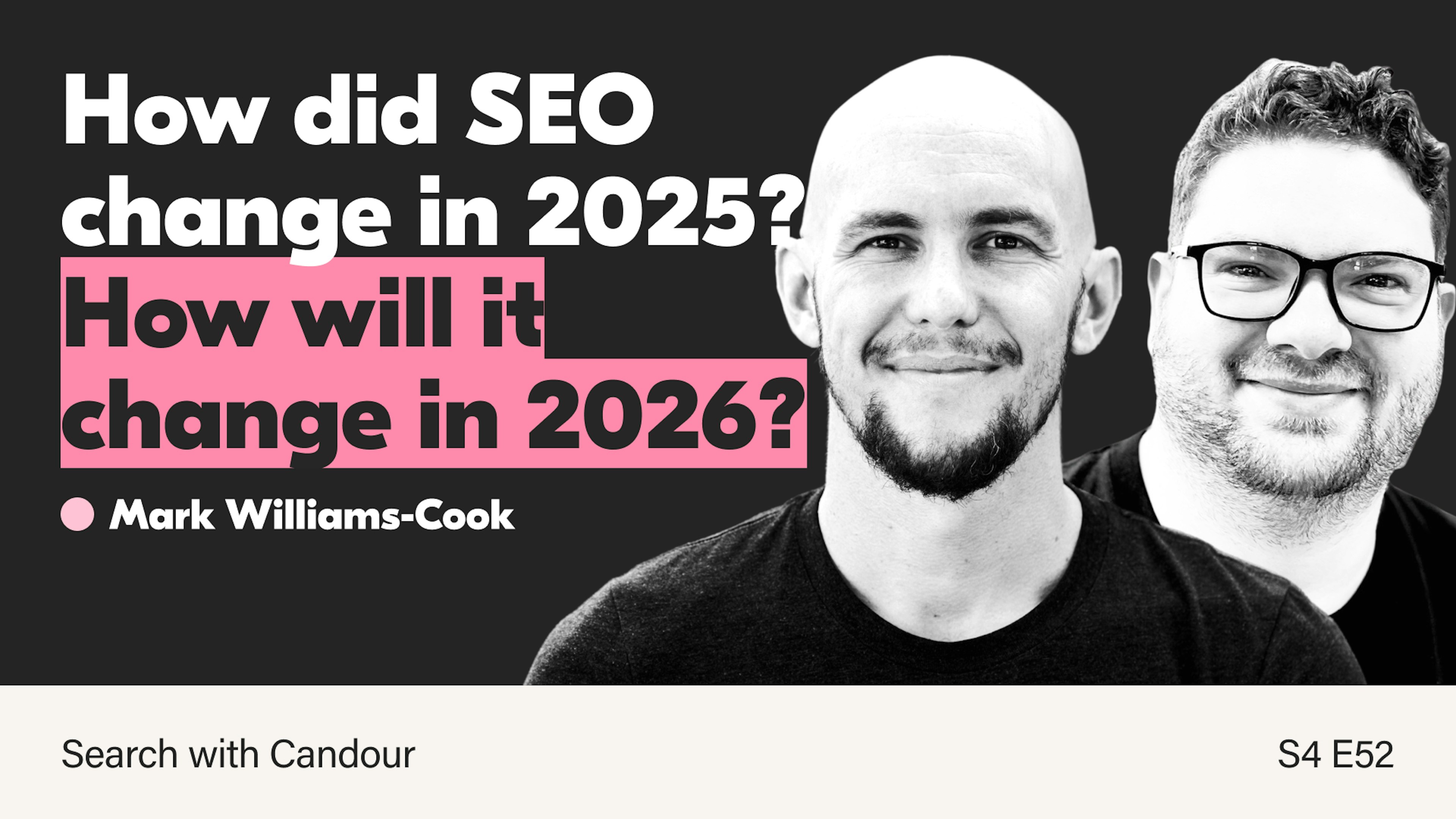 A dark gray background featuring white and pink text on the left: