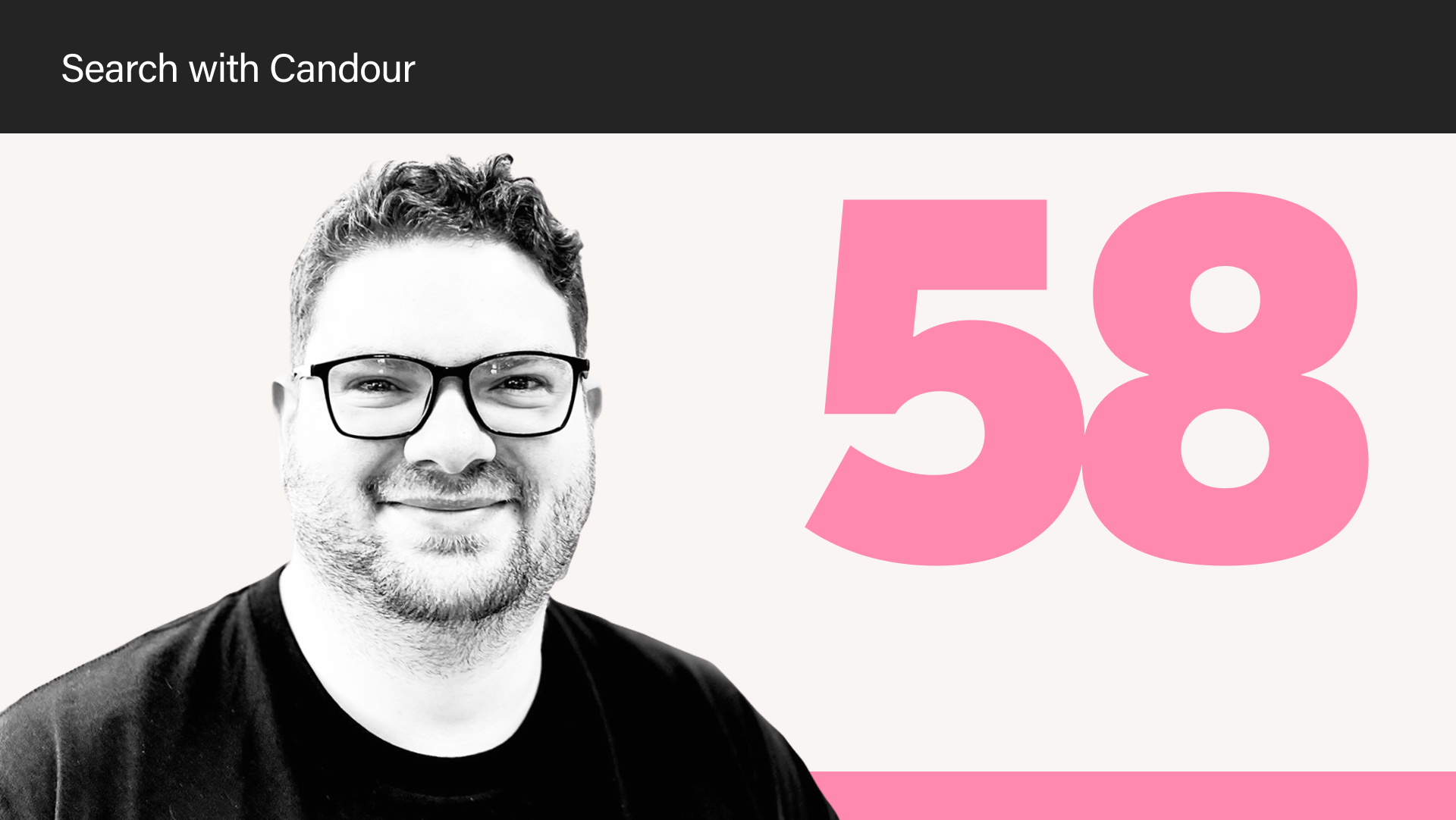 Gemini said An image featuring a black and white portrait of a man with glasses and a beard on the left side. The man is smiling and wearing a dark t-shirt. On the right side, there is a large, bold number 