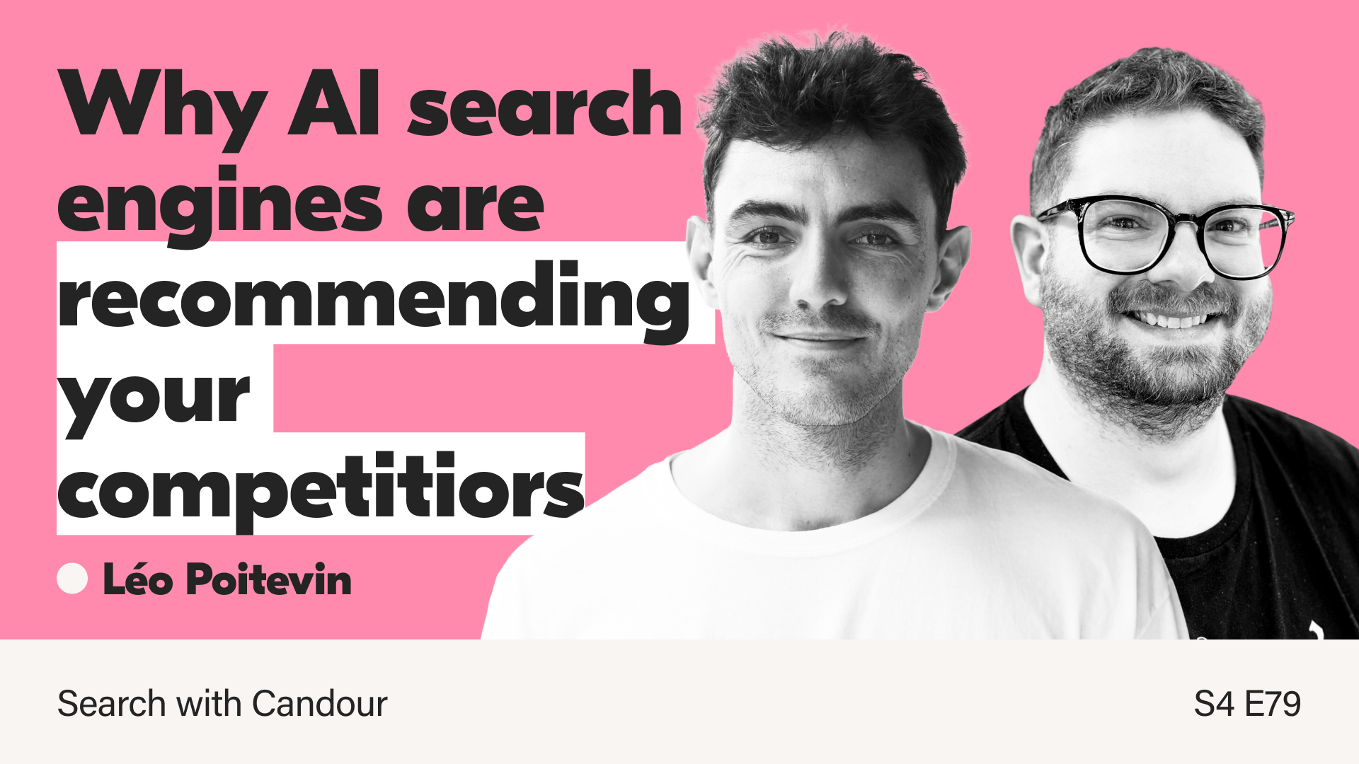 Podcast thumbnail with a bright pink background. On the left, bold black text reads 