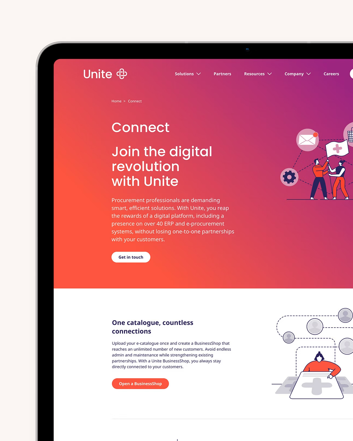 A tablet displaying the Unite website, highlighting a digital procurement platform with a bold gradient design, engaging illustrations, and a call to action for connecting businesses.