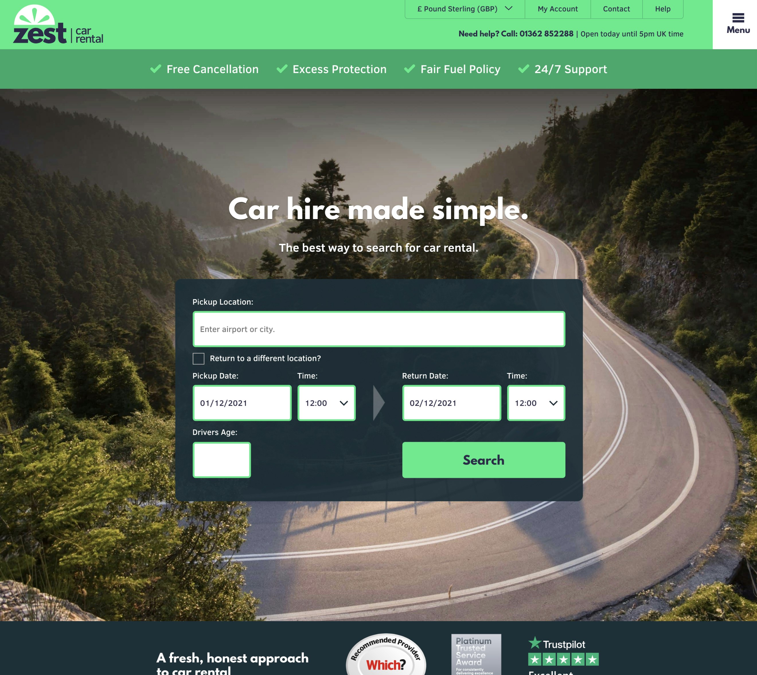 Search form on zest car rental