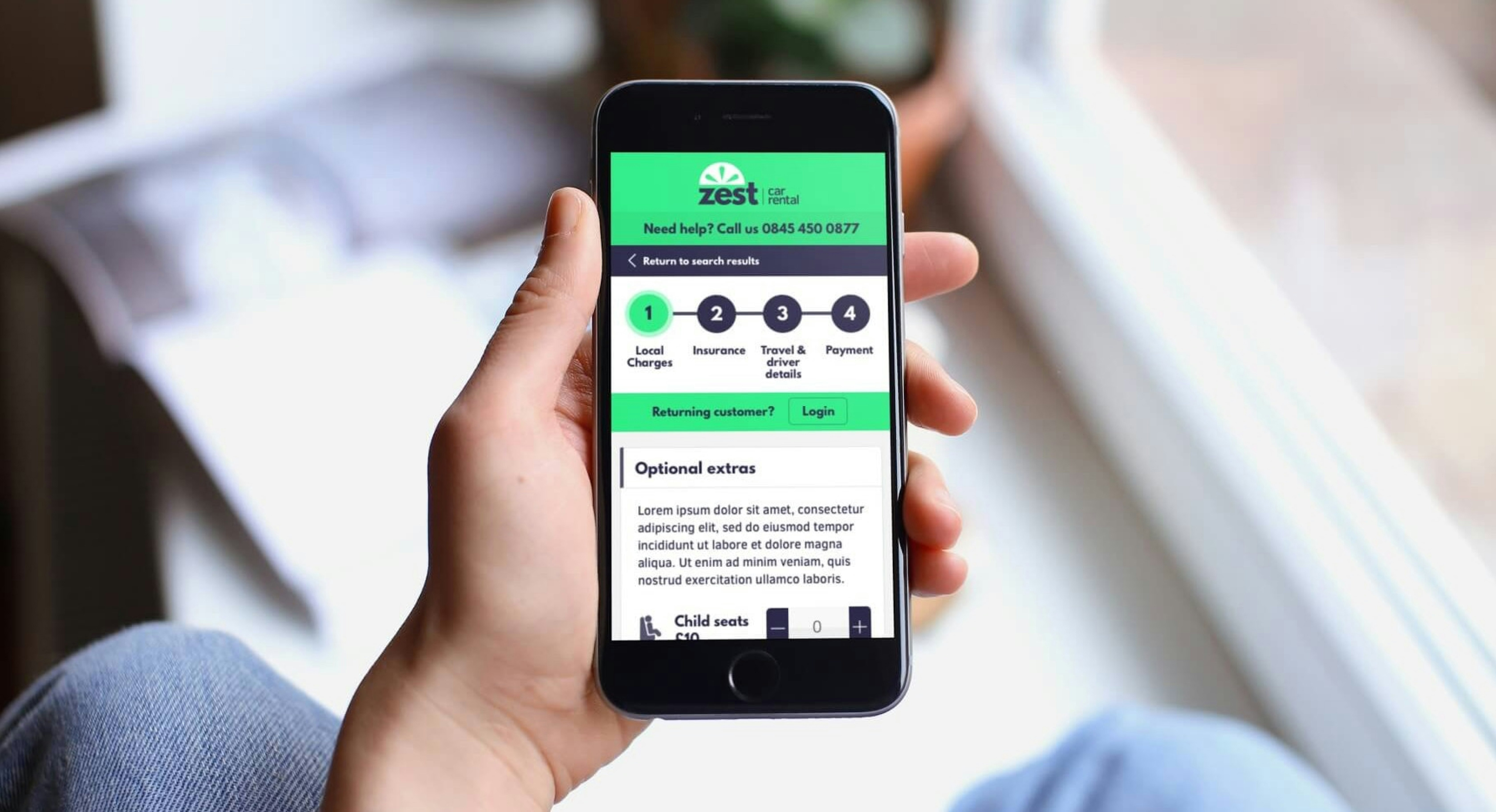 A person holding a smartphone displaying the Zest Car Rental booking process, showing steps for local charges, insurance, travel details, and payment, along with optional extras selection.